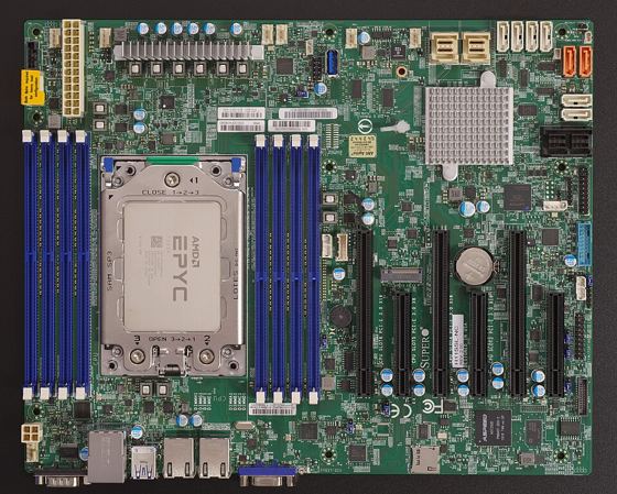 AMD EPYC processor installed in the SP3 socket of a Supermicro server motherboard