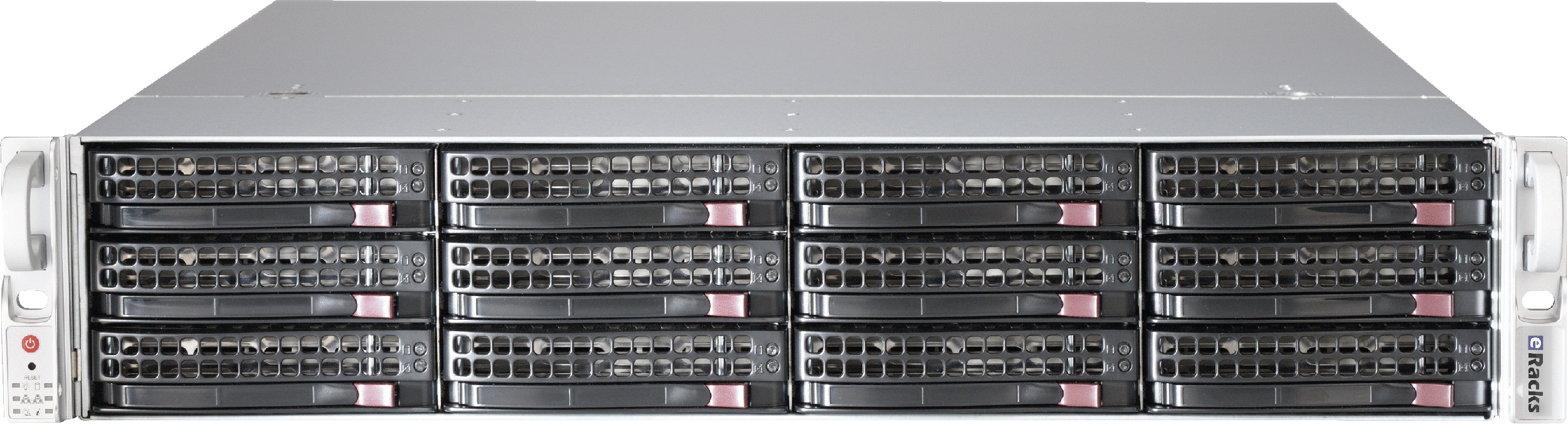 eRacks NAS12 2U rackmount NAS server, front view with twelve hot-swap drive bays